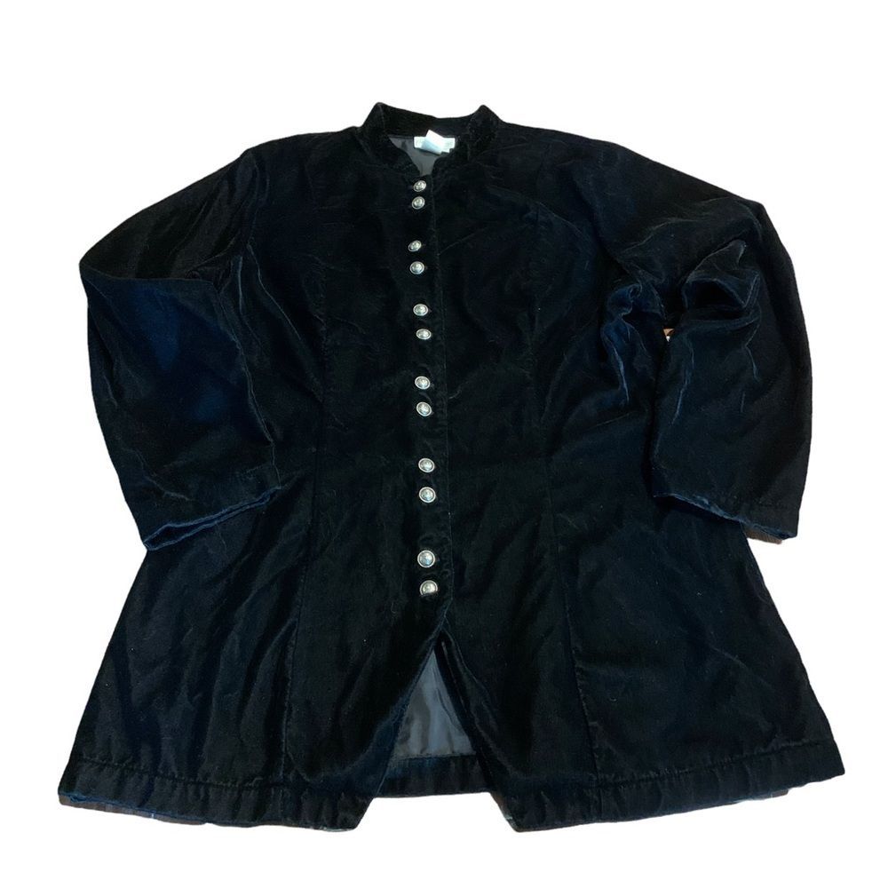 COLDWATER CREEK Black Velvet Jacket 16 Mandarin Collar Silver Buttons